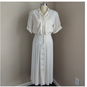 Vintage 80s Nilani Shirt Midi Dress Drop Waist Striped Cream Button Front 5/6
